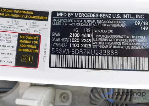 2019 Mercedes-Benz C 300 300 from USA, damaged, VIN 55SWF8DB7KU283888
